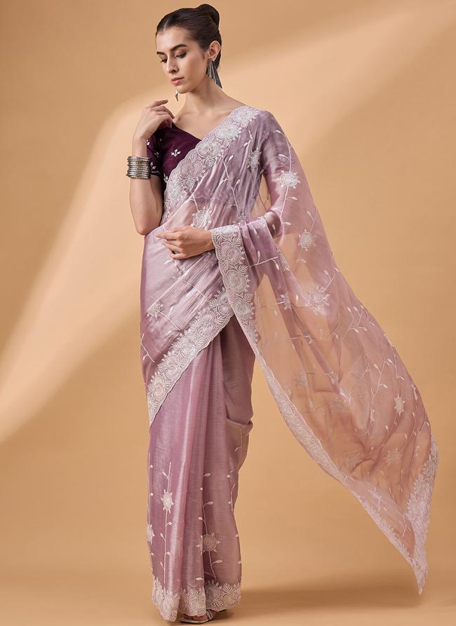 Organza Lavendar Party Wear Embroidery Work Saree